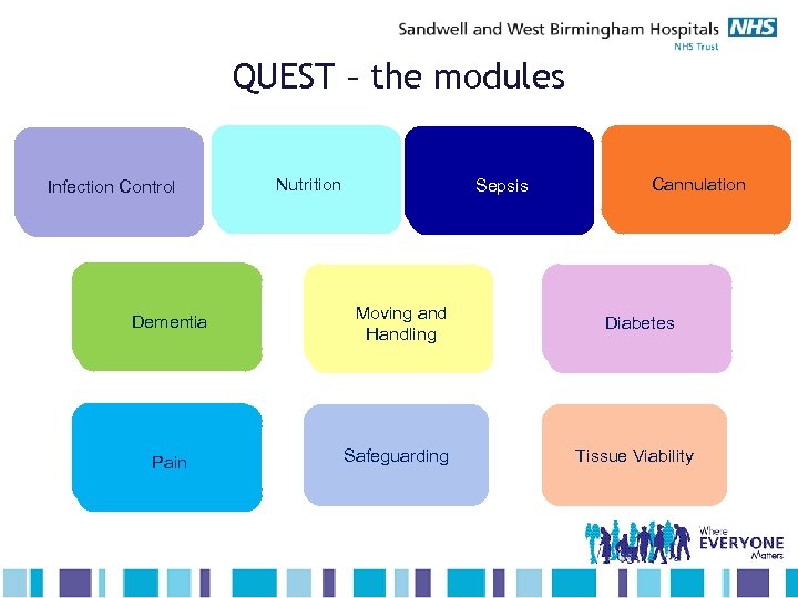 QUEST – the modules Infection Control Nutrition Sepsis Cannulation Dementia Moving and Handling Diabetes