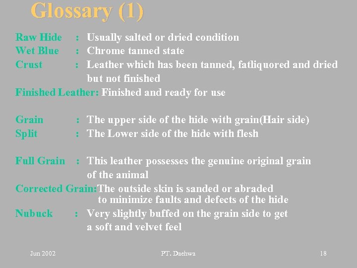 Glossary (1) Raw Hide Wet Blue Crust : Usually salted or dried condition :
