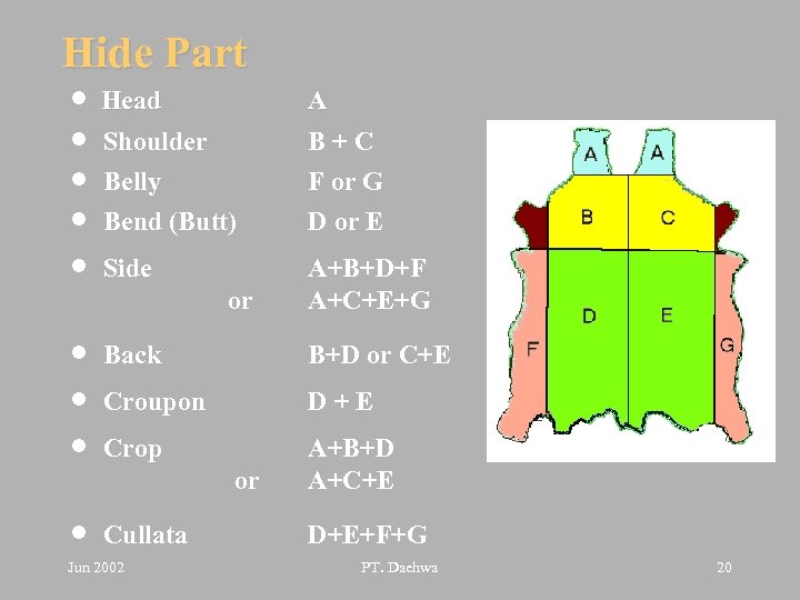 Hide Part n Head A n Shoulder B+C Belly n Bend (Butt) F or