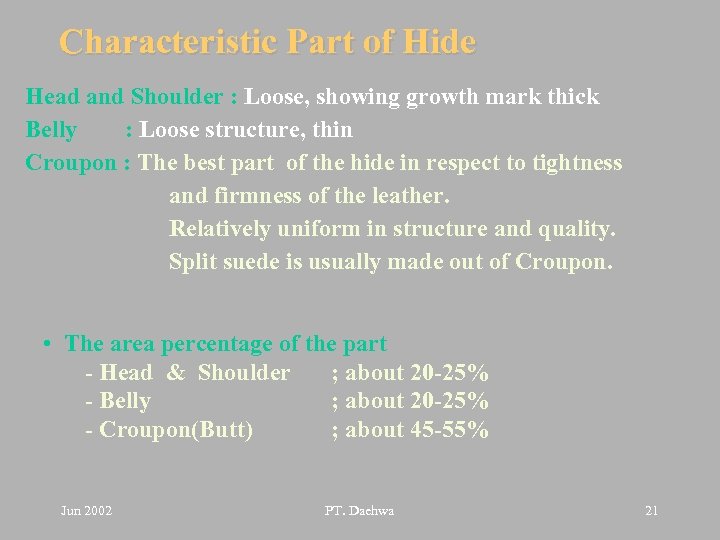 Characteristic Part of Hide Head and Shoulder : Loose, showing growth mark thick Belly