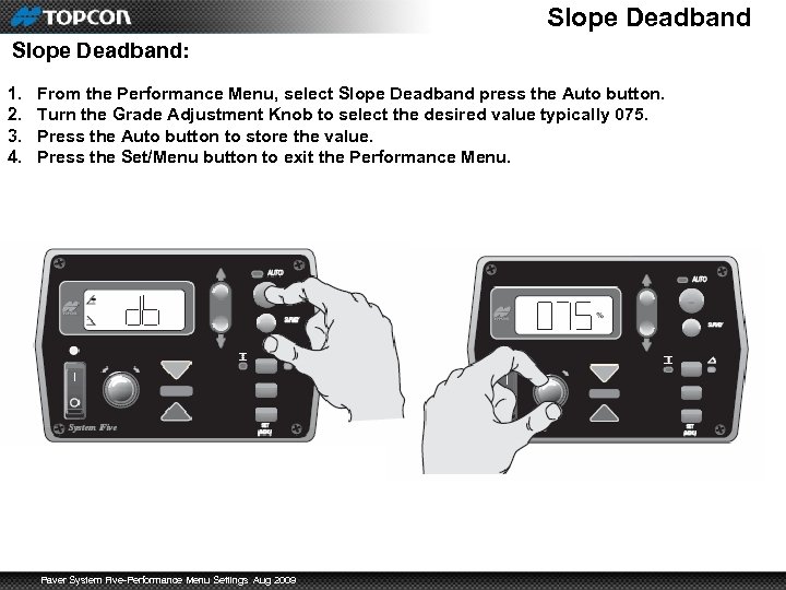 Slope Deadband: 1. 2. 3. 4. From the Performance Menu, select Slope Deadband press