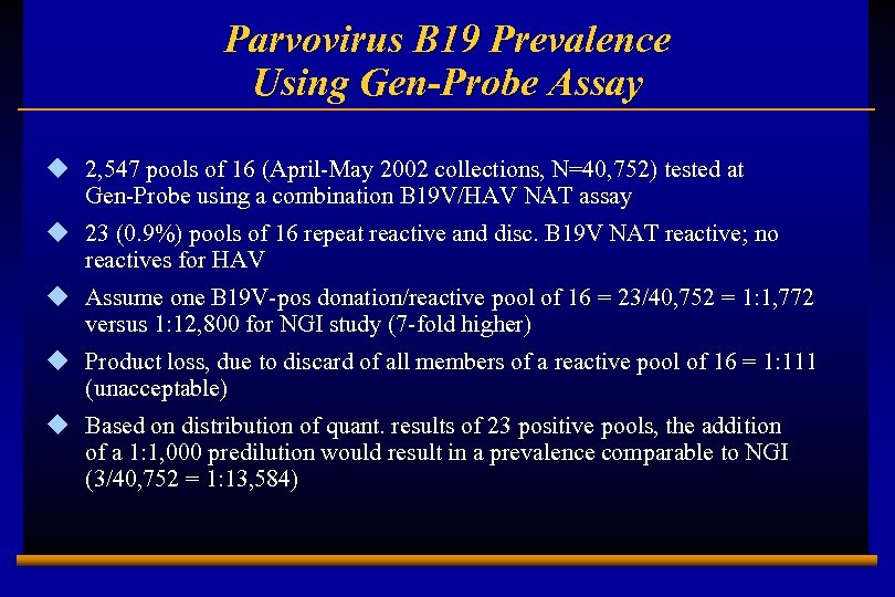 Parvovirus B 19 Prevalence Using Gen-Probe Assay u 2, 547 pools of 16 (April-May