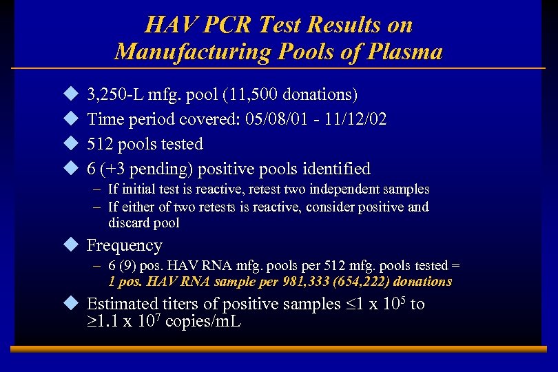 HAV PCR Test Results on Manufacturing Pools of Plasma u u 3, 250 -L