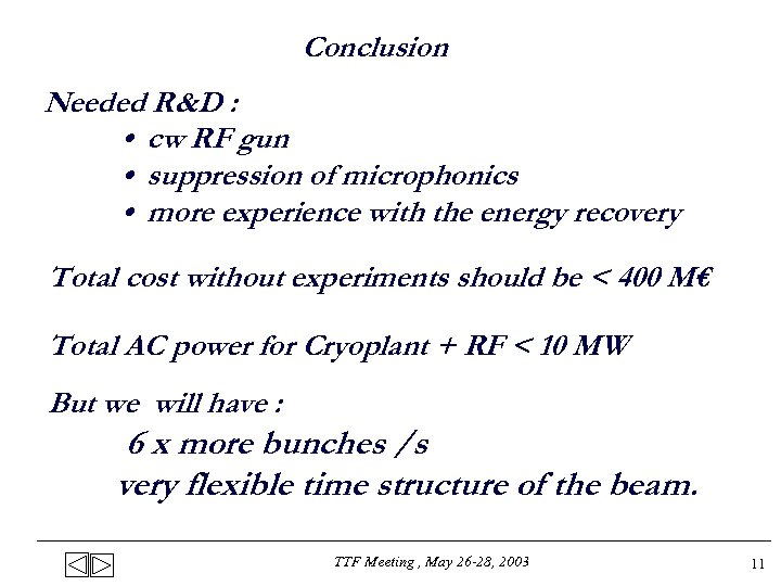 Conclusion Needed R&D : • cw RF gun • suppression of microphonics • more