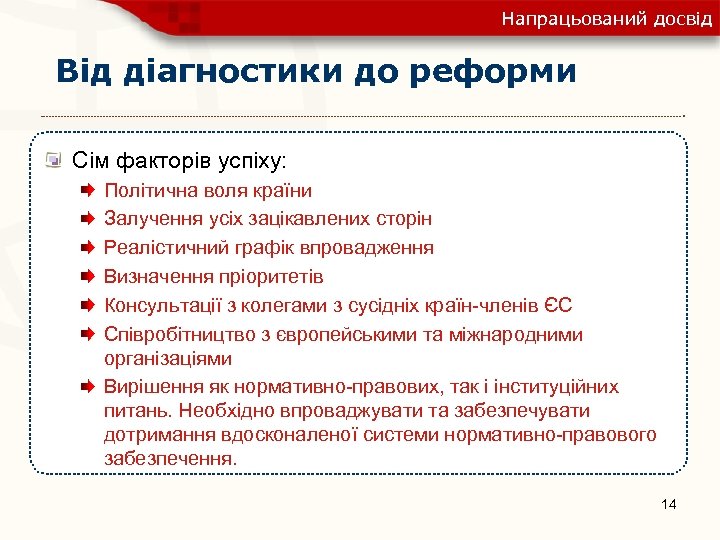 Напрацьований досвід Від діагностики до реформи Сім факторів успіху: Політична воля країни Залучення усіх