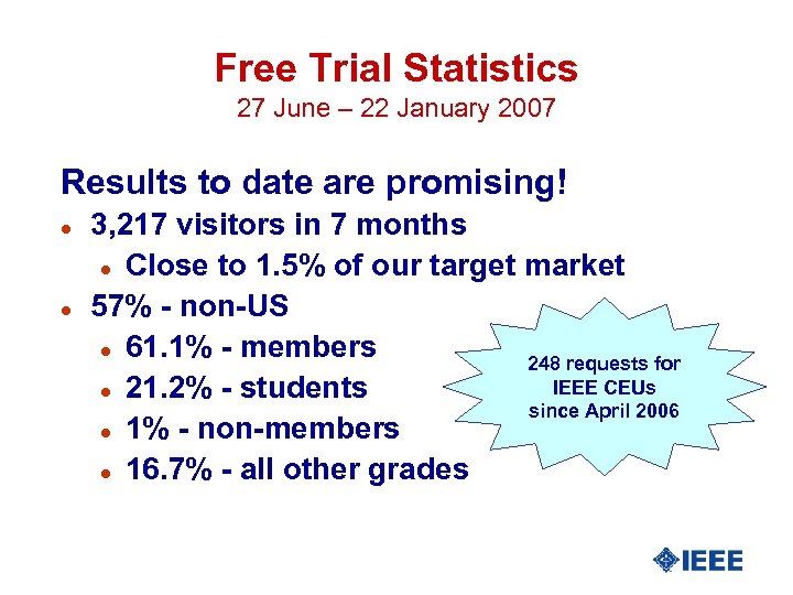 Free Trial Statistics 27 June – 22 January 2007 Results to date are promising!