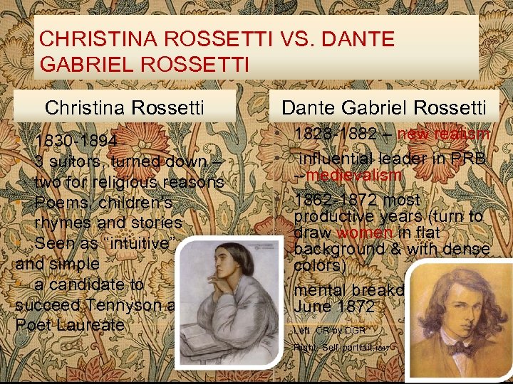 CHRISTINA ROSSETTI VS. DANTE GABRIEL ROSSETTI Christina Rossetti Dante Gabriel Rossetti • 1830 -1894