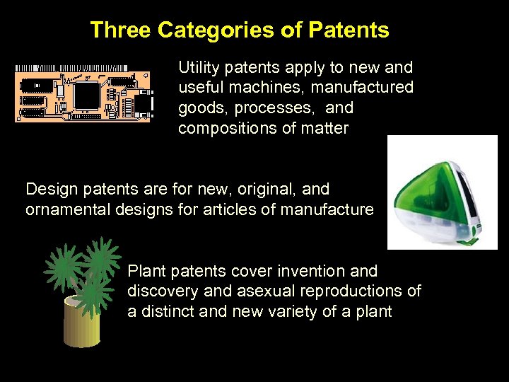 Three Categories of Patents Utility patents apply to new and useful machines, manufactured goods,