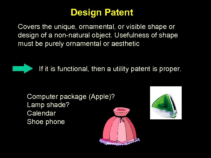 Design Patent Covers the unique, ornamental, or visible shape or design of a non-natural