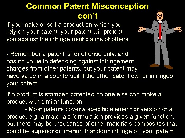 Common Patent Misconception con’t If you make or sell a product on which you
