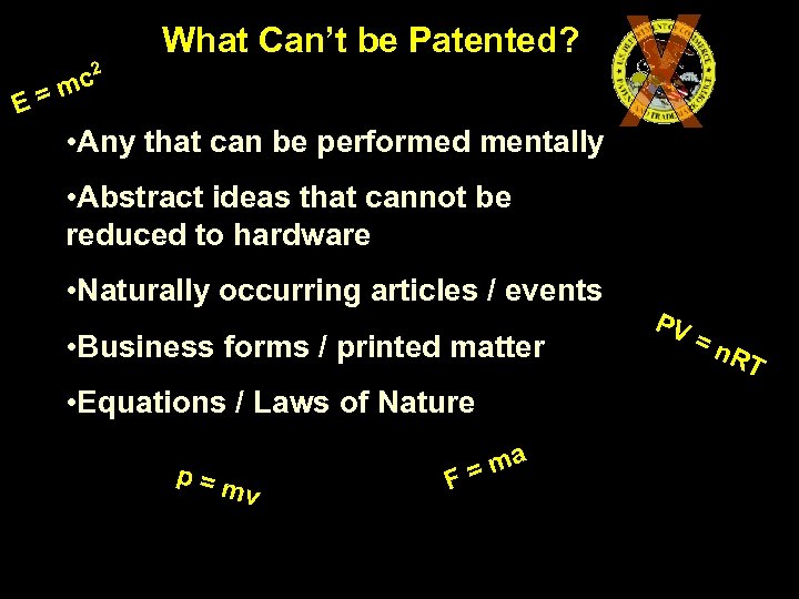 What Can’t be Patented? E= c 2 m • Any that can be performed