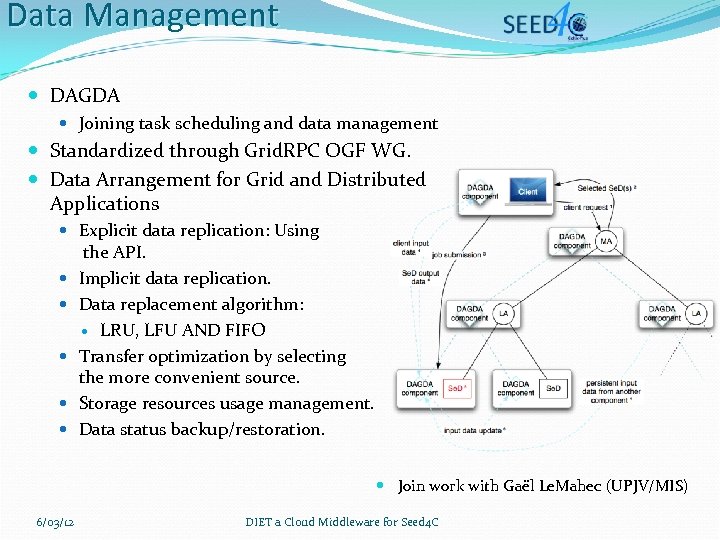 Data Management DAGDA Joining task scheduling and data management Standardized through Grid. RPC OGF