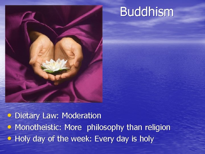 Buddhism • Dietary Law: Moderation • Monotheistic: More philosophy than religion • Holy day
