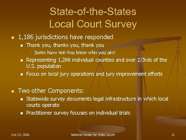 State-of-the-States Local Court Survey n 1, 186 jurisdictions have responded n Thank you, thanks
