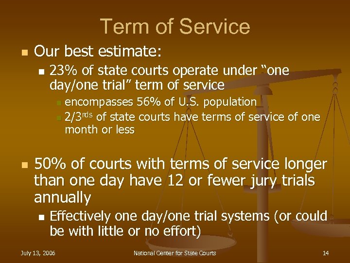 Term of Service n Our best estimate: n 23% of state courts operate under