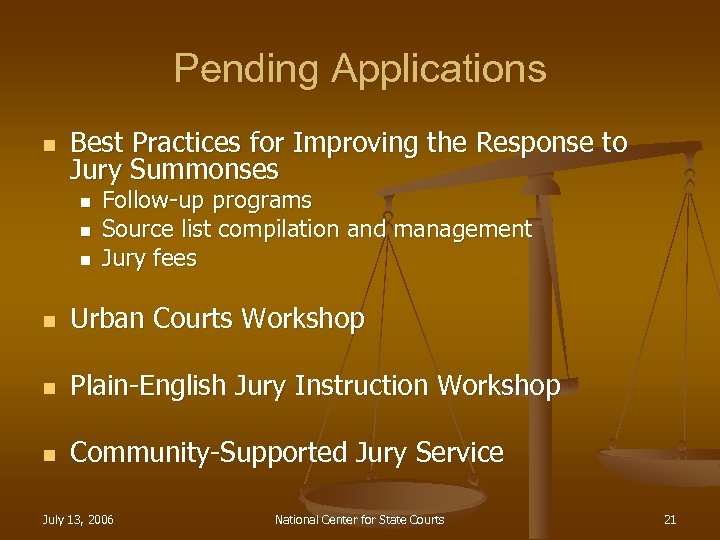 Pending Applications n Best Practices for Improving the Response to Jury Summonses n n