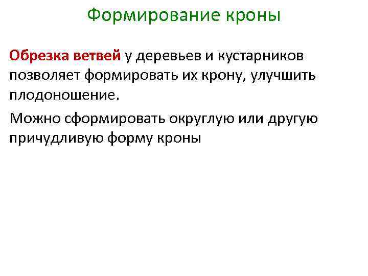 Формирование кроны Обрезка ветвей у деревьев и кустарников позволяет формировать их крону, улучшить плодоношение.