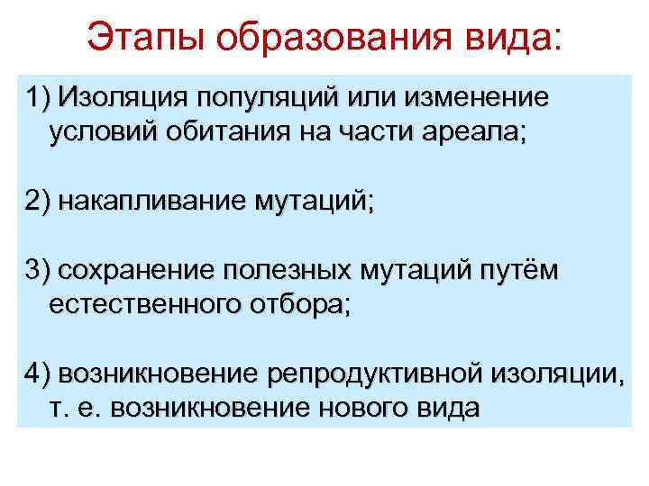 Этапы образования вида: 1) Изоляция популяций или изменение условий обитания на части ареала; 2)