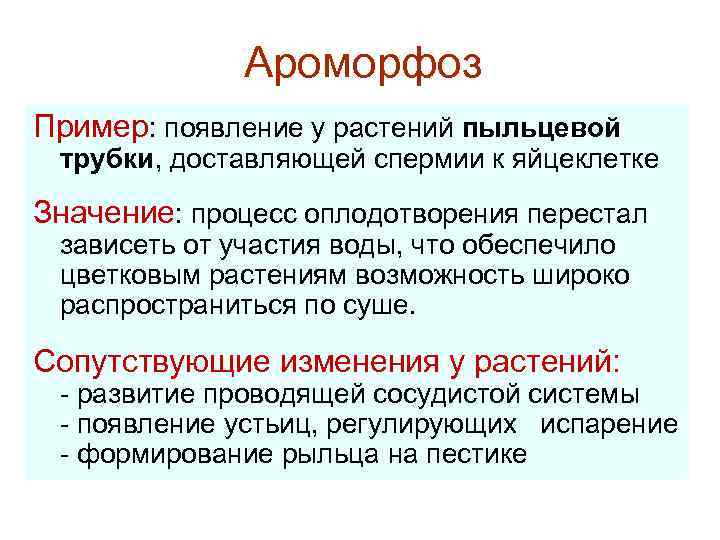 Ароморфоз Пример: появление у растений пыльцевой трубки, доставляющей спермии к яйцеклетке Значение: процесс оплодотворения