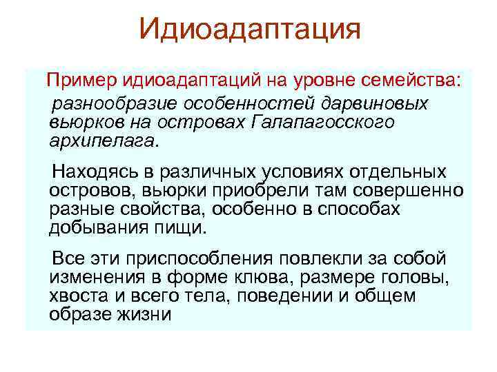 Идиоадаптация Пример идиоадаптаций на уровне семейства: разнообразие особенностей дарвиновых вьюрков на островах Галапагосского архипелага.