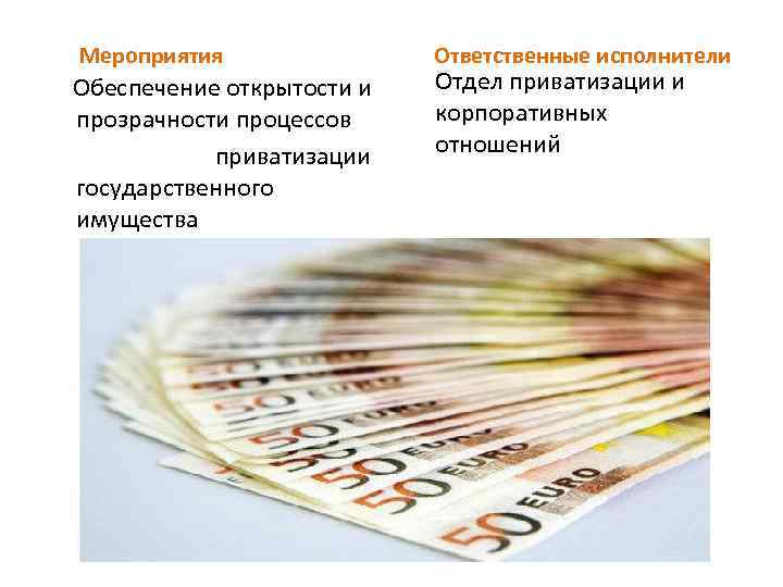  Мероприятия Ответственные исполнители Обеспечение открытости и Отдел приватизации и корпоративных прозрачности процессов отношений