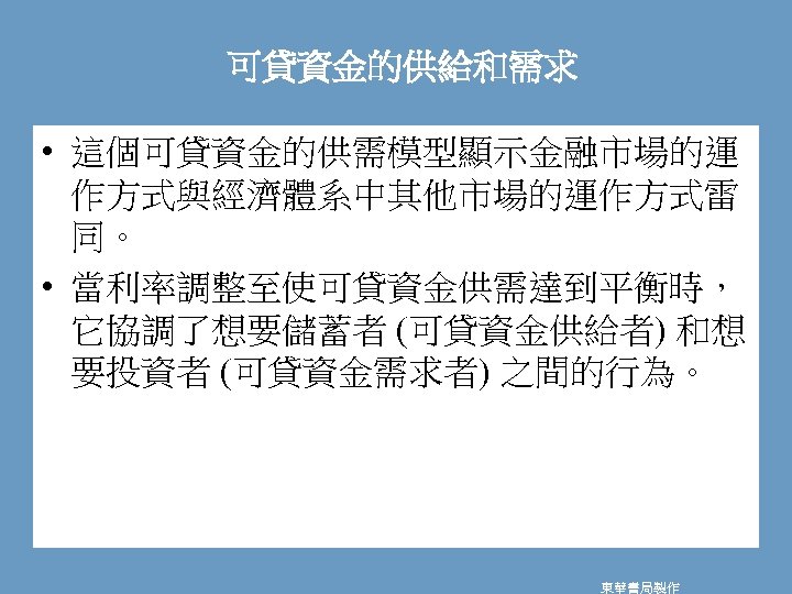 可貸資金的供給和需求 • 這個可貸資金的供需模型顯示金融市場的運 作方式與經濟體系中其他市場的運作方式雷 同。 • 當利率調整至使可貸資金供需達到平衡時， 它協調了想要儲蓄者 (可貸資金供給者) 和想 要投資者 (可貸資金需求者) 之間的行為。 東華書局製作