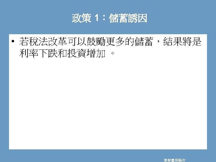 政策 1：儲蓄誘因 • 若稅法改革可以鼓勵更多的儲蓄，結果將是 利率下跌和投資增加 。 東華書局製作 