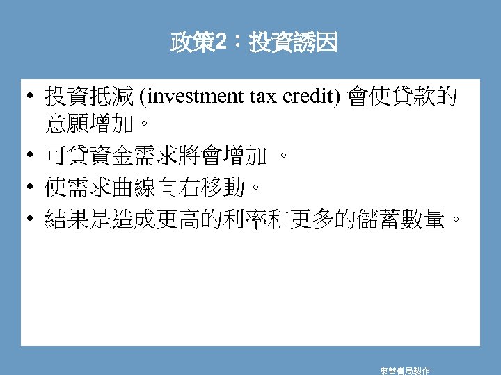 政策 2：投資誘因 • 投資抵減 (investment tax credit) 會使貸款的 意願增加。 • 可貸資金需求將會增加 。 • 使需求曲線向右移動。