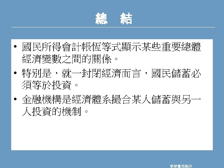 總　結 • 國民所得會計帳恆等式顯示某些重要總體 經濟變數之間的關係。 • 特別是，就一封閉經濟而言，國民儲蓄必 須等於投資。 • 金融機構是經濟體系撮合某人儲蓄與另一 人投資的機制。 東華書局製作 
