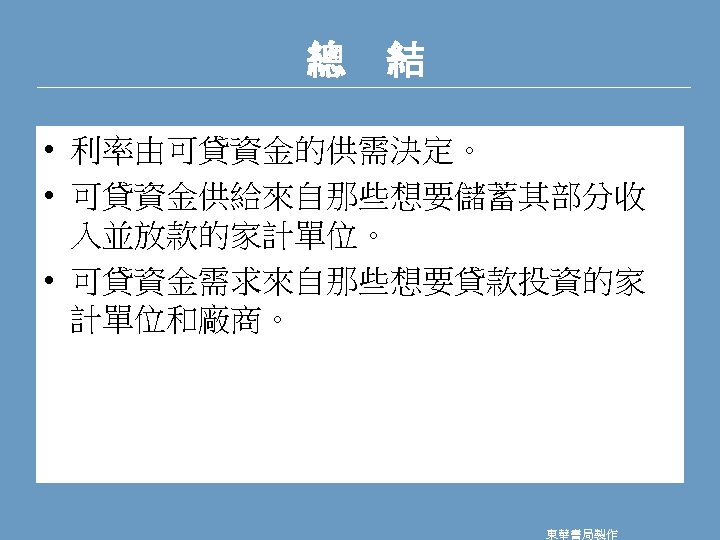 總　結 • 利率由可貸資金的供需決定。 • 可貸資金供給來自那些想要儲蓄其部分收 入並放款的家計單位。 • 可貸資金需求來自那些想要貸款投資的家 計單位和廠商。 東華書局製作 