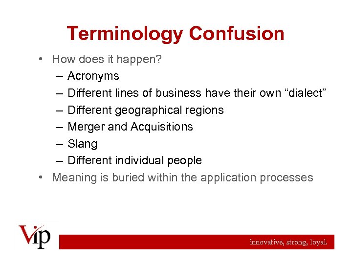 Terminology Confusion • How does it happen? – Acronyms – Different lines of business