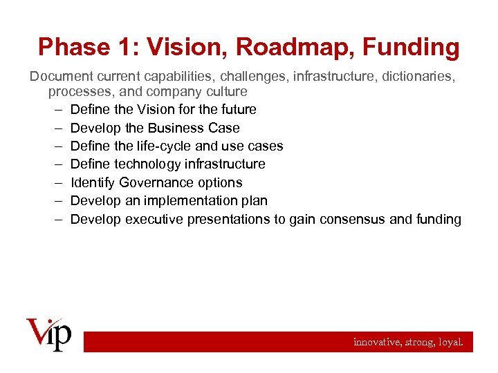 Phase 1: Vision, Roadmap, Funding Document current capabilities, challenges, infrastructure, dictionaries, processes, and company