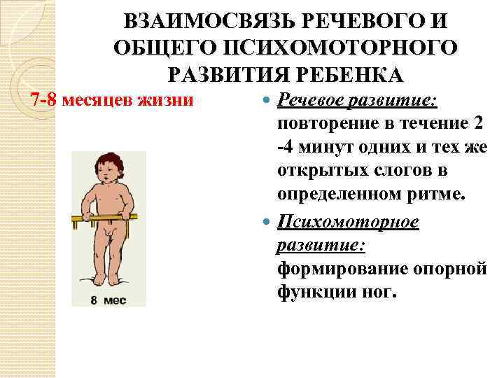 ВЗАИМОСВЯЗЬ РЕЧЕВОГО И ОБЩЕГО ПСИХОМОТОРНОГО РАЗВИТИЯ РЕБЕНКА 7 -8 месяцев жизни Речевое развитие: повторение