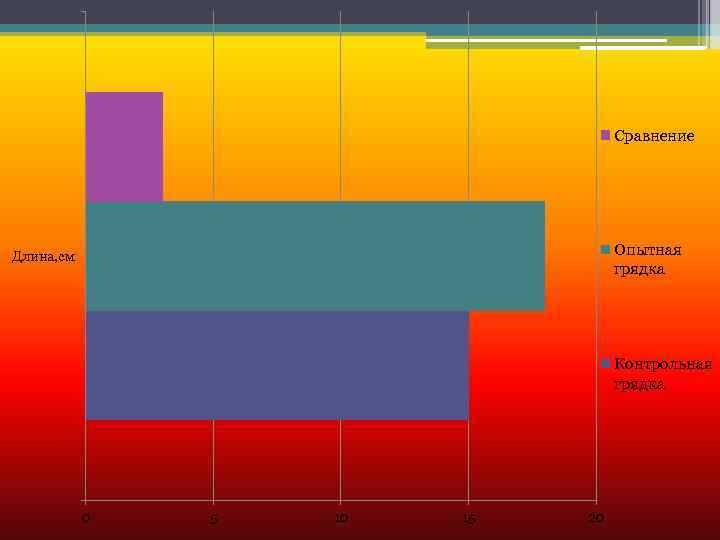 Сравнение Опытная грядка Длина, см Контрольная грядка 0 5 10 15 20 