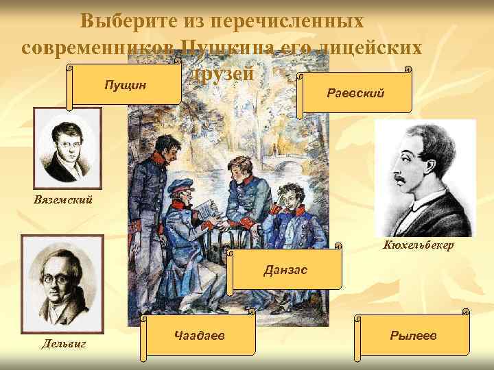 Выберите из перечисленных современников Пушкина его лицейских друзей Пущин Раевский Вяземский Кюхельбекер Данзас Дельвиг