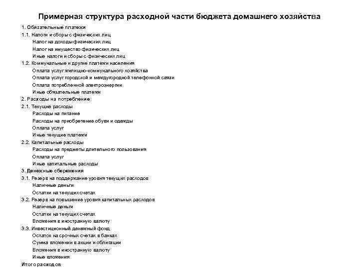 Примерная структура расходной части бюджета домашнего хозяйства 1. Обязательные платежи 1. 1. Налоги и