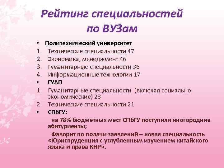 Рейтинг специальностей по ВУЗам Политехнический университет Технические специальности 47 Экономика, менеджмент 46 Гуманитарные специальности