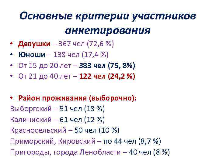 Основные критерии участников анкетирования • • Девушки – 367 чел (72, 6 %) Юноши