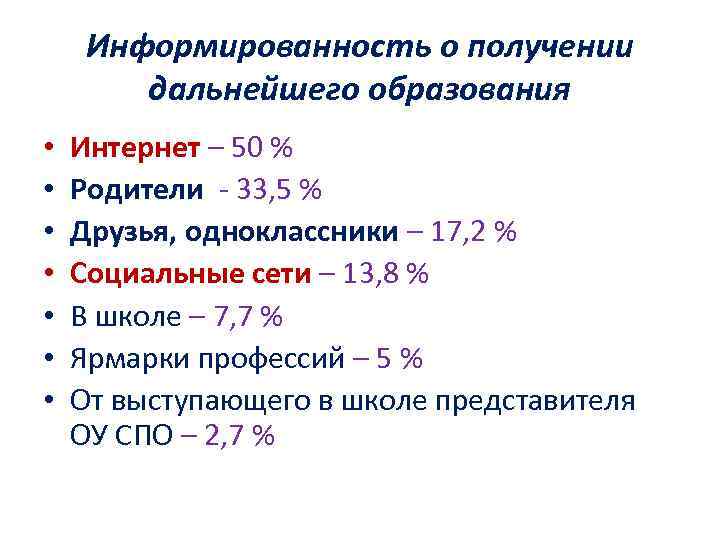 Информированность о получении дальнейшего образования • • Интернет – 50 % Родители - 33,