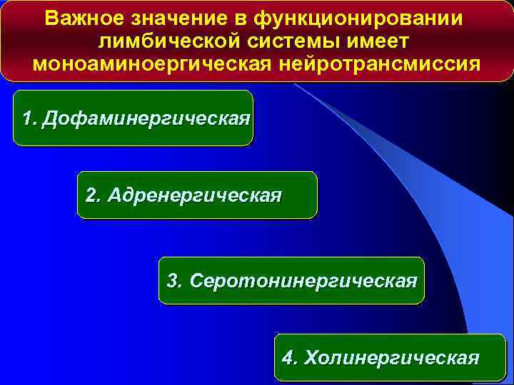 Важное значение в функционировании лимбической системы имеет моноаминоергическая нейротрансмиссия 1. Дофаминергическая 2. Адренергическая 3.