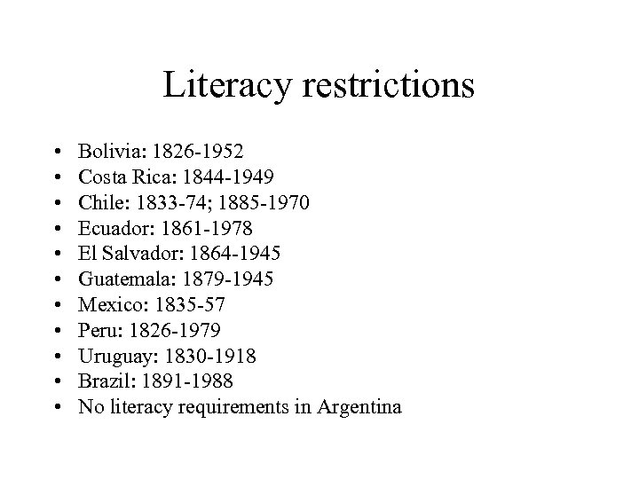 Literacy restrictions • • • Bolivia: 1826 -1952 Costa Rica: 1844 -1949 Chile: 1833