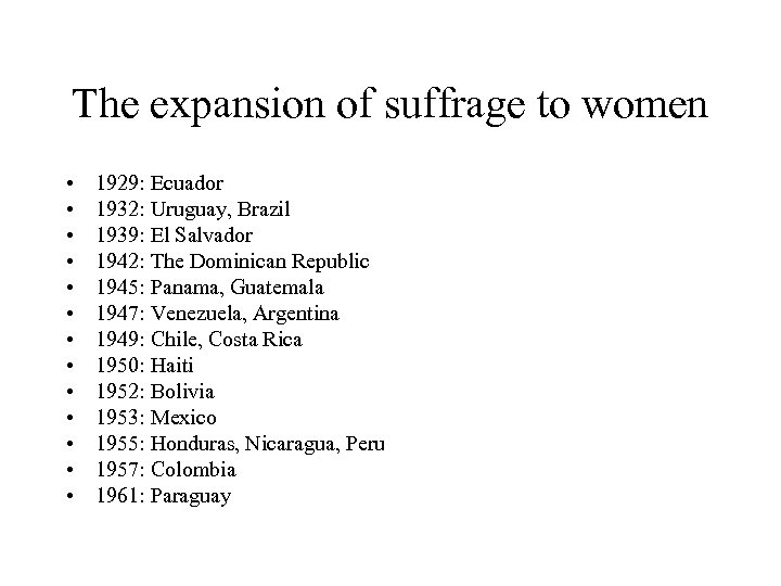 The expansion of suffrage to women • • • • 1929: Ecuador 1932: Uruguay,