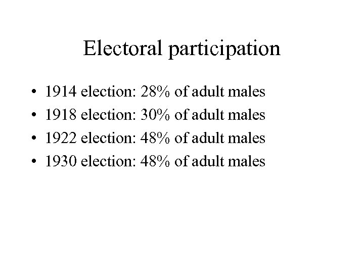 Electoral participation • • 1914 election: 28% of adult males 1918 election: 30% of