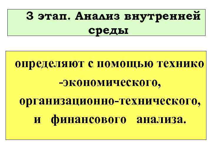 3 этап. Анализ внутренней среды определяют с помощью технико экономического, организационно технического, и финансового