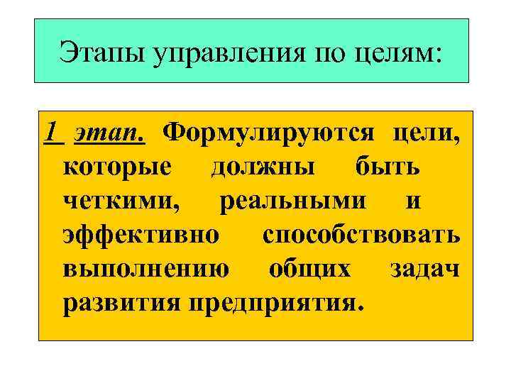 Этапы управления по целям: 1 этап. Формулируются цели, которые должны быть четкими, реальными и