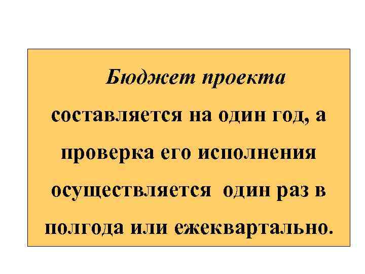 Бюджет проекта составляется на один год, а проверка его исполнения осуществляется один раз в