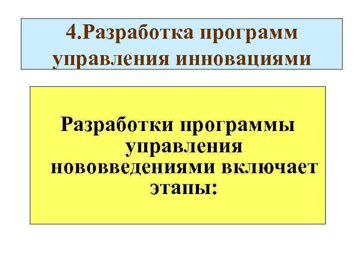 4. Разработка программ управления инновациями Разработки программы управления нововведениями включает этапы: 