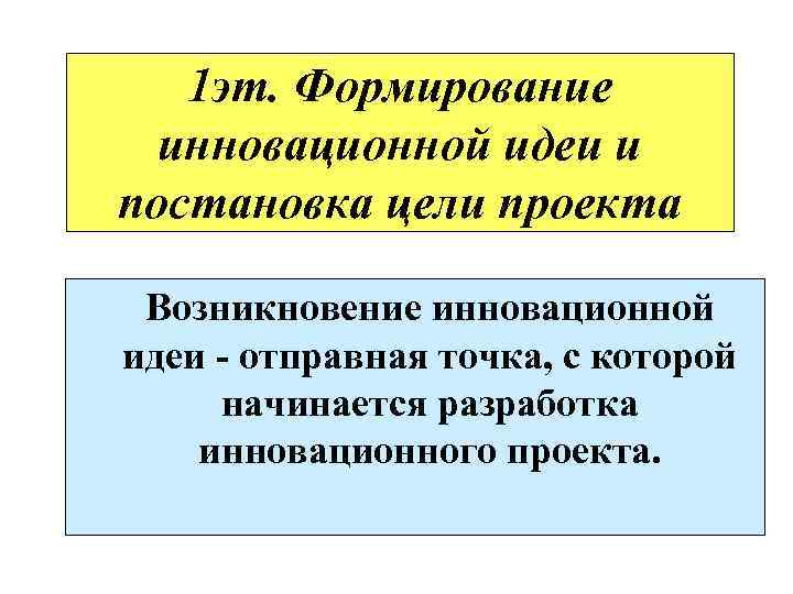 1 эт. Формирование инновационной идеи и постановка цели проекта Возникновение инновационной идеи отправная точка,