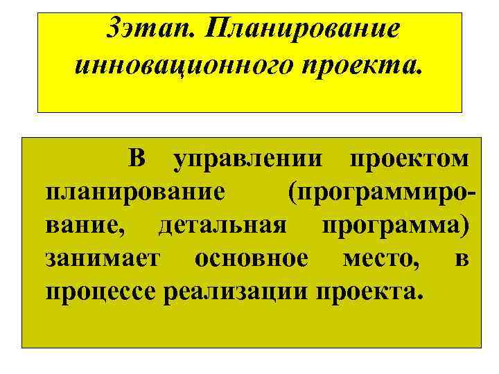 3 этап. Планирование инновационного проекта. В управлении проектом планирование (программиро вание, детальная программа) занимает