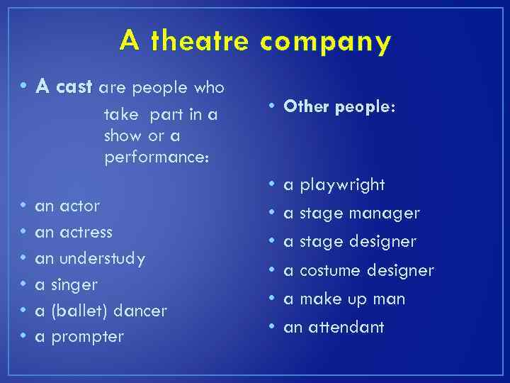 A theatre company • A cast are people who take part in a show